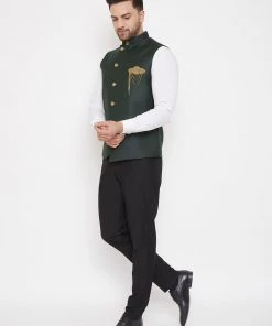 VASTRAMAY Bottle Green Solid Embellished Zardozi Nehru Jacket Men