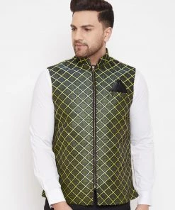 Vastramay Men's Green Jute Cotton Zipper Nehru Jacket