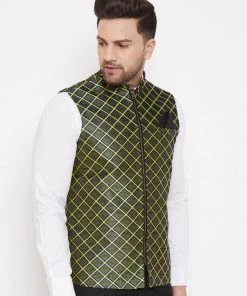 Vastramay Men's Green Jute Cotton Zipper Nehru Jacket