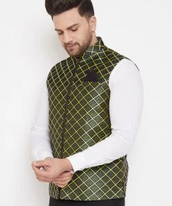 Vastramay Men's Green Jute Cotton Zipper Nehru Jacket