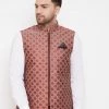 VASTRAMAY Men's Red Jute Cotton Zipper Nehru Jacket