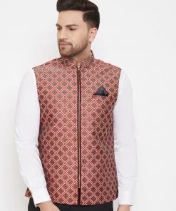 VASTRAMAY Men's Red Jute Cotton Zipper Nehru Jacket