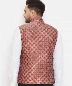 VASTRAMAY Men's Red Jute Cotton Zipper Nehru Jacket
