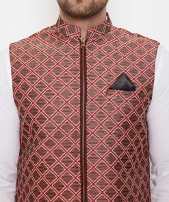 VASTRAMAY Men's Red Jute Cotton Zipper Nehru Jacket