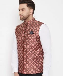 VASTRAMAY Men's Red Jute Cotton Zipper Nehru Jacket