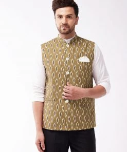 VASTRAMAY Men's Multicolour-Base-Green Cotton Nehru Jacket