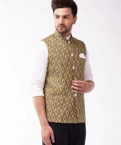 VASTRAMAY Men's Multicolour-Base-Green Cotton Nehru Jacket