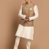 VASTRAMAY Men's Multicolour-Base-Green Cotton Nehru Jacket With Cream Colour Kurta Pyjama
