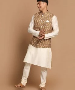 VASTRAMAY Men's Multicolour-Base-Green Cotton Nehru Jacket With Cream Colour Kurta Pyjama