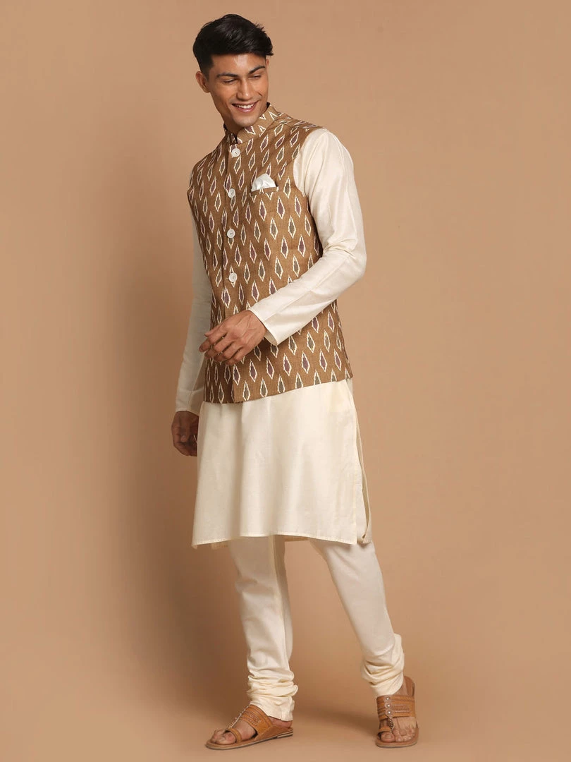 VASTRAMAY Men's Multicolour-Base-Green Cotton Nehru Jacket With Cream Colour Kurta Pyjama 4 VASTRAMAY Men's Multicolour-Base-Green Cotton Nehru Jacket With Cream Colour Kurta Pyjama