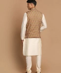VASTRAMAY Men's Multicolour-Base-Green Cotton Nehru Jacket With Cream Colour Kurta Pyjama 10 VASTRAMAY Men's Multicolour-Base-Green Cotton Nehru Jacket With Cream Colour Kurta Pyjama