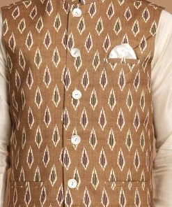 VASTRAMAY Men's Multicolour-Base-Green Cotton Nehru Jacket With Cream Colour Kurta Pyjama 11 VASTRAMAY Men's Multicolour-Base-Green Cotton Nehru Jacket With Cream Colour Kurta Pyjama