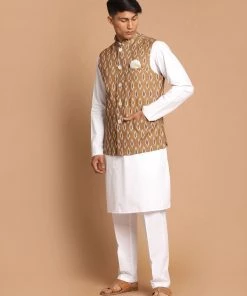 VASTRAMAY Men's Multicolour-Base-Green Cotton Nehru Jacket With White Pant