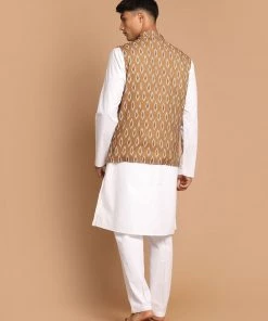 VASTRAMAY Men's Multicolour-Base-Green Cotton Nehru Jacket With White Pant