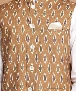 VASTRAMAY Men's Multicolour-Base-Green Cotton Nehru Jacket With White Pant