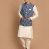 VASTRAMAY Men's Grey Printed Cotton Nehru Jacket With Cream Colour Kurta Pyjama