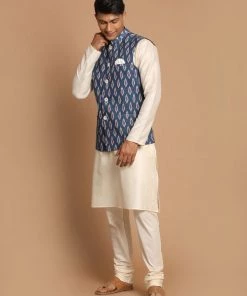 VASTRAMAY Men's Grey Printed Cotton Nehru Jacket With Cream Colour Kurta Pyjama