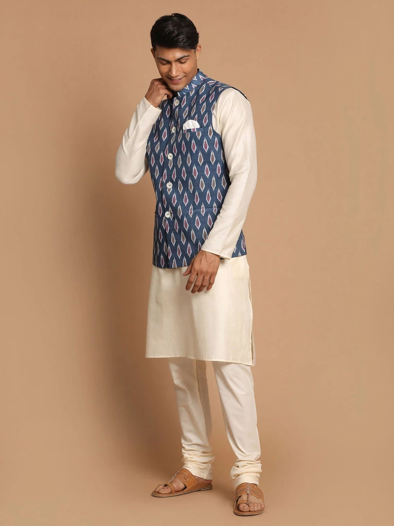 VASTRAMAY Men's Grey Printed Cotton Nehru Jacket With Cream Colour Kurta Pyjama 4 VASTRAMAY Men's Grey Printed Cotton Nehru Jacket With Cream Colour Kurta Pyjama