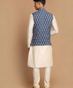 VASTRAMAY Men's Grey Printed Cotton Nehru Jacket With Cream Colour Kurta Pyjama 10 VASTRAMAY Men's Grey Printed Cotton Nehru Jacket With Cream Colour Kurta Pyjama