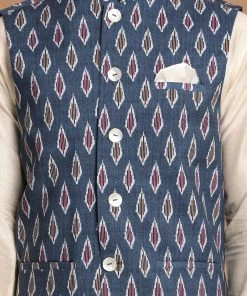 VASTRAMAY Men's Grey Printed Cotton Nehru Jacket With Cream Colour Kurta Pyjama 11 VASTRAMAY Men's Grey Printed Cotton Nehru Jacket With Cream Colour Kurta Pyjama
