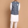 VASTRAMAY Men's Grey Printed Cotton Nehru Jacket With White Color Kurta And Pant Set