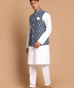 VASTRAMAY Men's Grey Printed Cotton Nehru Jacket With White Color Kurta And Pant Set