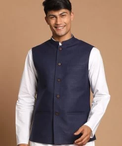 VASTRAMAY Navy Blue Cotton Blend Nehru Jacket