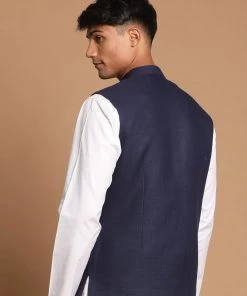 VASTRAMAY Navy Blue Cotton Blend Nehru Jacket