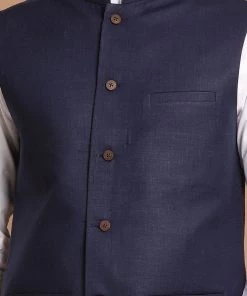 VASTRAMAY Navy Blue Cotton Blend Nehru Jacket