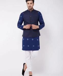 VASTRAMAY Men's Cotton Kurta And Pyjama With Navy Blue Solid Nehru Jacket Jacket Kurta Sets