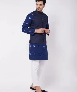 VASTRAMAY Men's Cotton Kurta And Pyjama With Navy Blue Solid Nehru Jacket Jacket Kurta Sets
