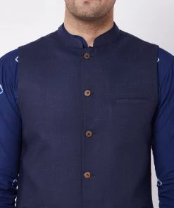 VASTRAMAY Men's Cotton Kurta And Pyjama With Navy Blue Solid Nehru Jacket Jacket Kurta Sets