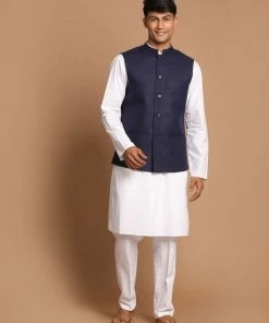 VASTRAMAY Men's Navy Blue Cotton Nehru Jacket With White Kurta And Pant