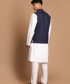 VASTRAMAY Men's Navy Blue Cotton Nehru Jacket With White Kurta And Pant