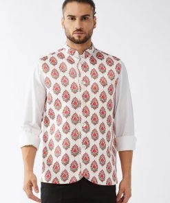 Vastramay Men's White & Red Floral Printed Slim-Fit Satin Nehru Jacket