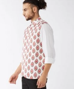 Vastramay Men's White & Red Floral Printed Slim-Fit Satin Nehru Jacket