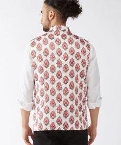 Vastramay Men's White & Red Floral Printed Slim-Fit Satin Nehru Jacket
