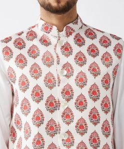 Vastramay Men's White & Red Floral Printed Slim-Fit Satin Nehru Jacket
