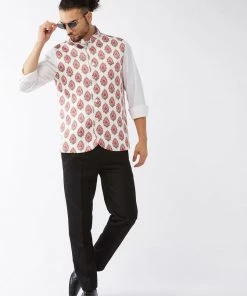 Vastramay Men's White & Red Floral Printed Slim-Fit Satin Nehru Jacket