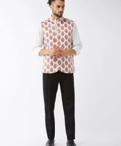 Vastramay Men's White & Red Floral Printed Slim-Fit Satin Nehru Jacket