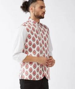 Vastramay Men's White & Red Floral Printed Slim-Fit Satin Nehru Jacket