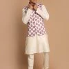 VASTRAMAY Men's White & Red Floral Printed Slim-Fit Satin Nehru Jacket With White Colour Kurta Pyjama Jacket Kurta Sets