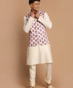 VASTRAMAY Men's White & Red Floral Printed Slim-Fit Satin Nehru Jacket With White Colour Kurta Pyjama Jacket Kurta Sets
