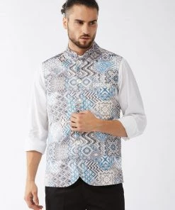 Rakhi Vastramay Men White & Blue Printed Satin Slim-Fit Nehru Jacket