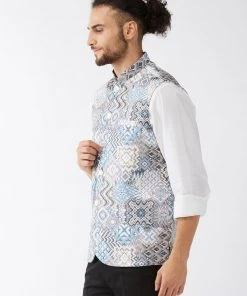 Rakhi Vastramay Men White & Blue Printed Satin Slim-Fit Nehru Jacket
