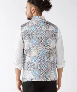Rakhi Vastramay Men White & Blue Printed Satin Slim-Fit Nehru Jacket