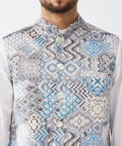 Rakhi Vastramay Men White & Blue Printed Satin Slim-Fit Nehru Jacket