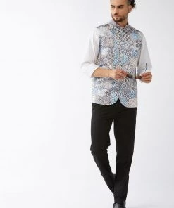 Rakhi Vastramay Men White & Blue Printed Satin Slim-Fit Nehru Jacket