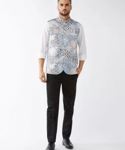 Rakhi Vastramay Men White & Blue Printed Satin Slim-Fit Nehru Jacket