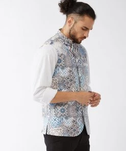Rakhi Vastramay Men White & Blue Printed Satin Slim-Fit Nehru Jacket